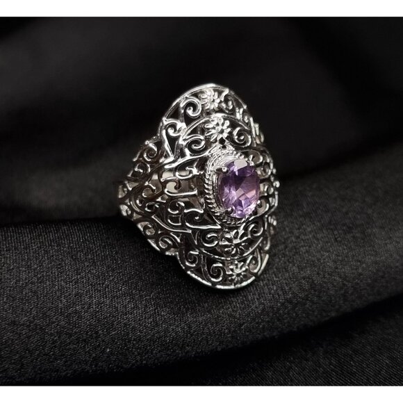 Sterling Silver 925 Filigree Ring With Oval Amethyst Gemstone Size 9.5 Artisan - Picture 1 of 4